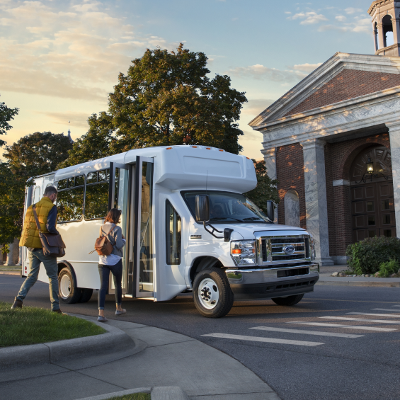 Electric white Shuttle Bus from DPV transportation