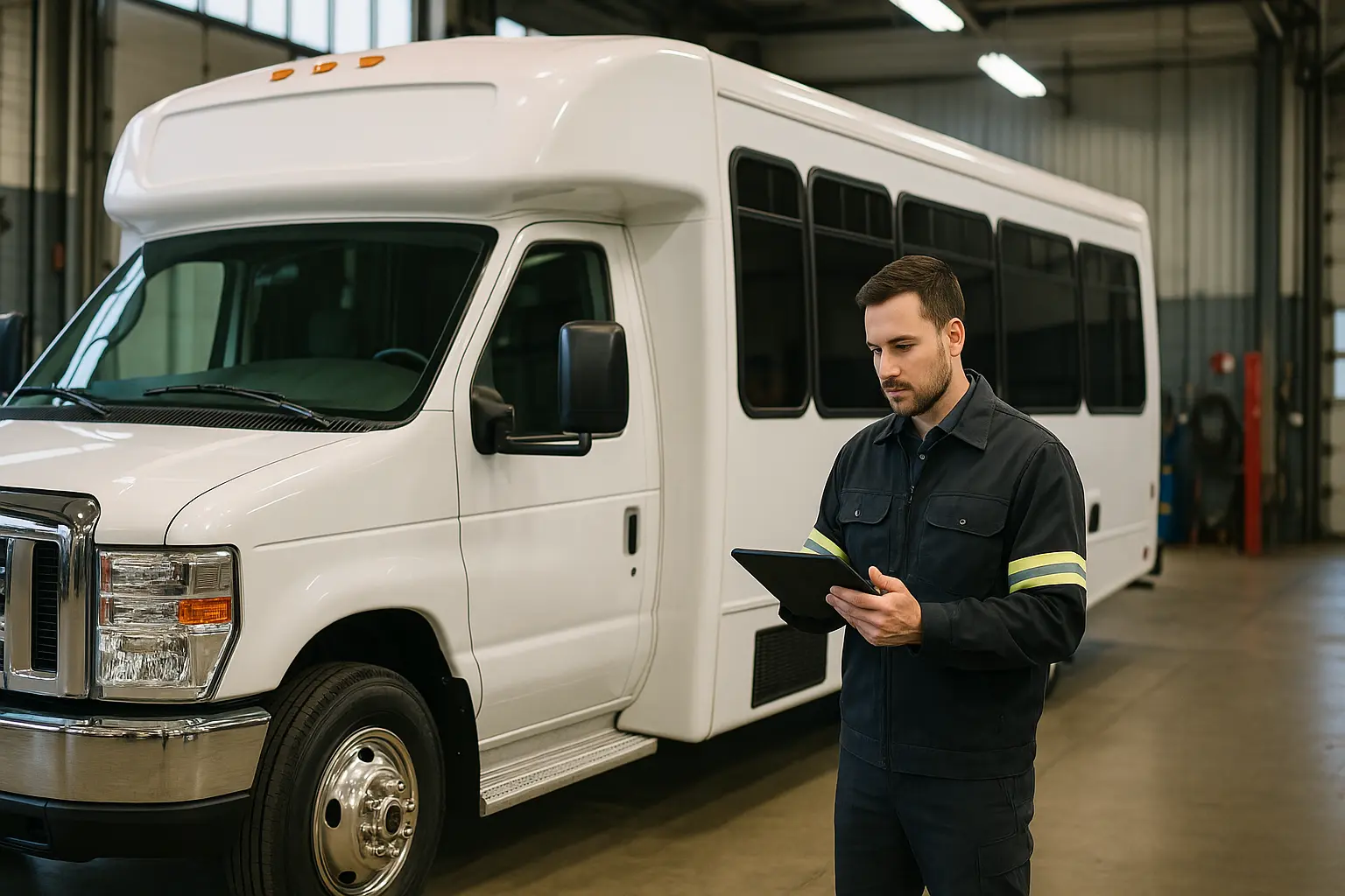 Outsourced fleet maintenance workshop with vehicles under service